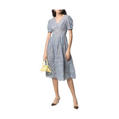 (Women) Self-Portrait Floral Lace Midi Dress - Blue, Puff Sleeve Elegant Vacation Style. SWF321Y00500