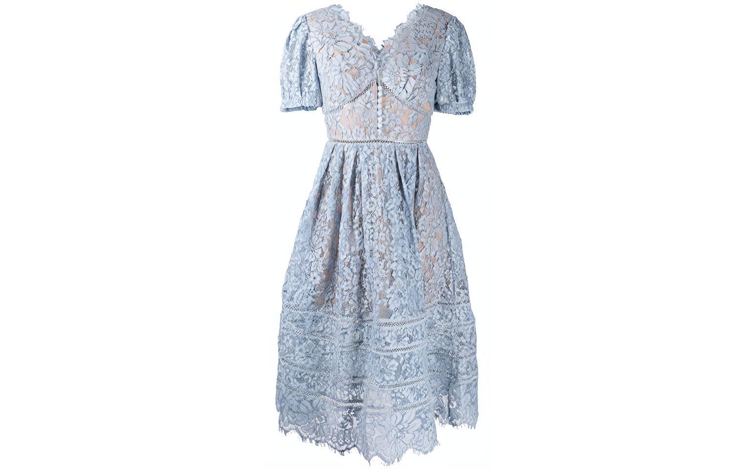 (Women) Self-Portrait Floral Lace Midi Dress - Blue, Puff Sleeve Elegant Vacation Style. SWF321Y00500 圖 2
