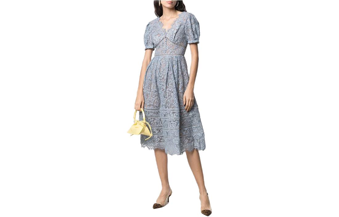 (Women) Self-Portrait Floral Lace Midi Dress - Blue, Puff Sleeve Elegant Vacation Style. SWF321Y00500 圖 3