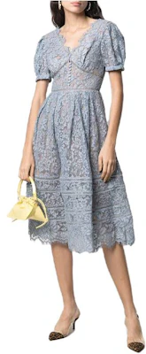 (Women) Self-Portrait Floral Lace Midi Dress - Blue, Puff Sleeve Elegant Vacation Style. SWF321Y00500 Lookbook (Women) Self-Portrait Floral Lace Midi Dress - Blue, Puff Sleeve Elegant Vacation Style. SWF321Y00500