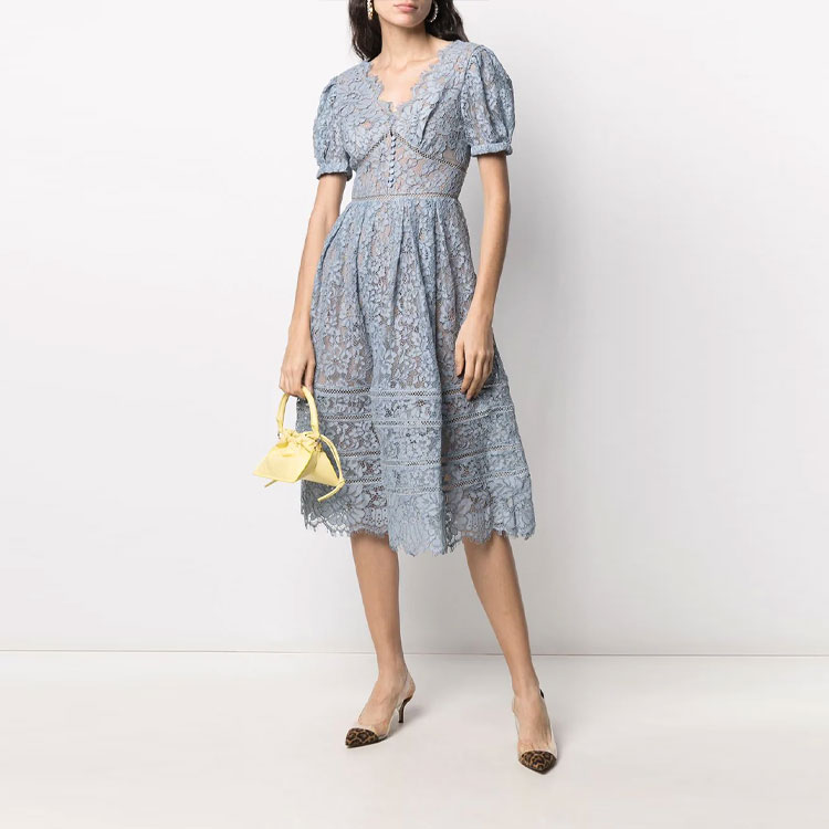 (Women) Self-Portrait Floral Lace Midi Dress - Blue, Puff Sleeve Elegant Vacation Style. SWF321Y00500 圖 5
