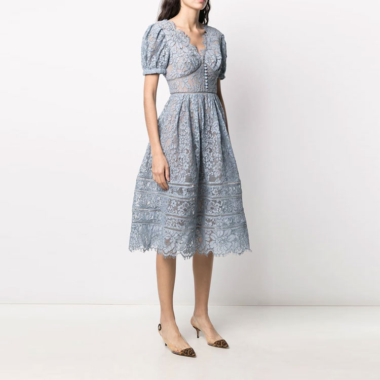 (Women) Self-Portrait Floral Lace Midi Dress - Blue, Puff Sleeve Elegant Vacation Style. SWF321Y00500 圖 6