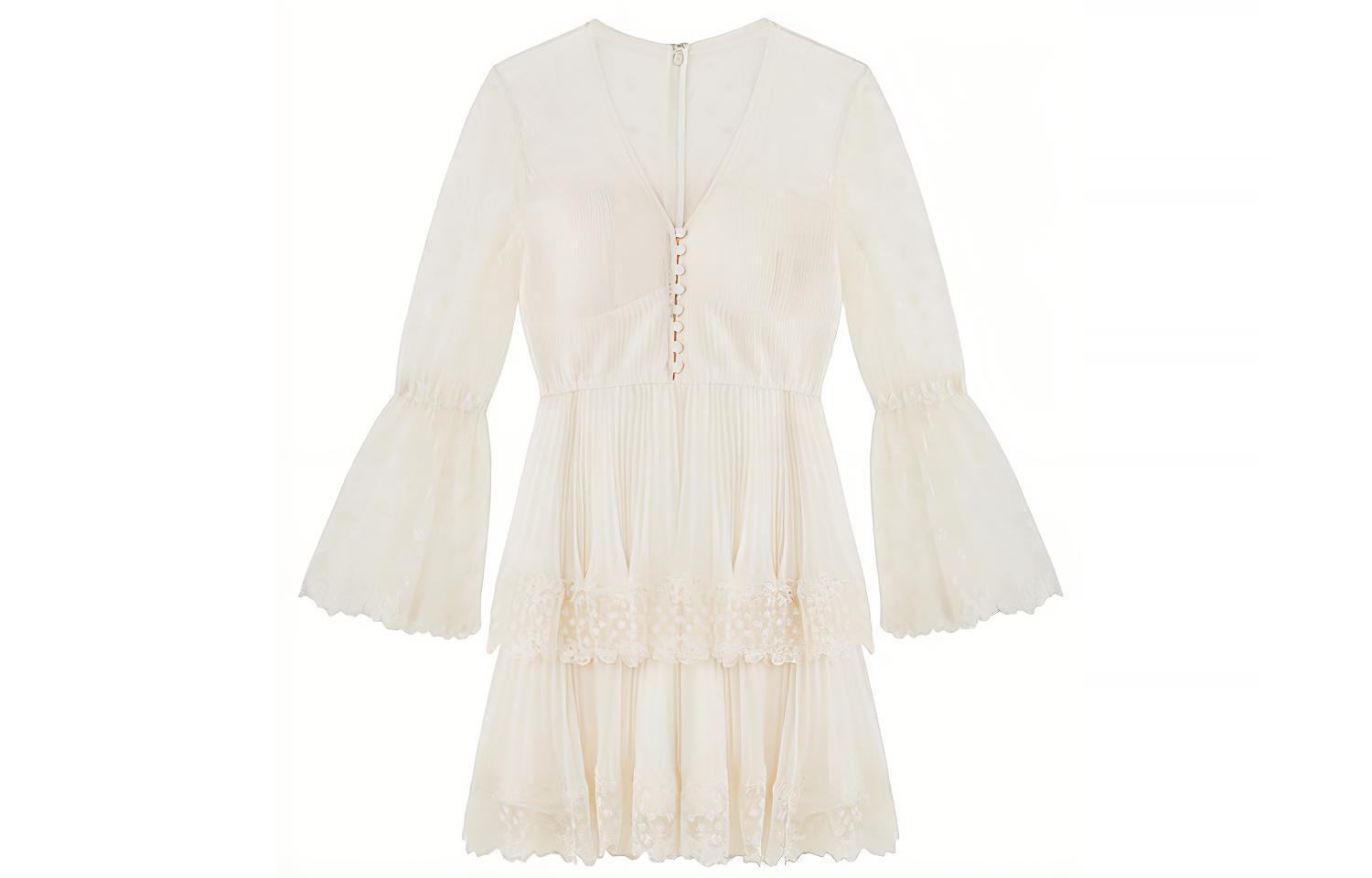 (Women) Self-Portrait Floral Mesh Long Sleeve Ivory Dress - Elegant Slim Fit Resort Style SWF342Y14000