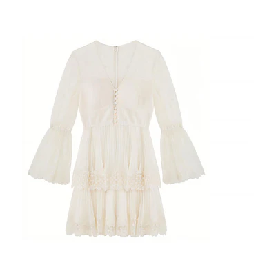 (Women) Self-Portrait Floral Mesh Long Sleeve Ivory Dress - Elegant Slim Fit Resort Style SWF342Y14000