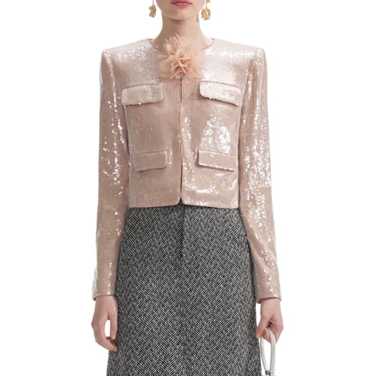 (Women) Self-Portrait Floral Sequin Embellished Button-Up Jacket Women’s Light Gold SWF354T01600