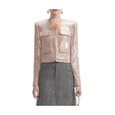 (Women) Self-Portrait Floral Sequin Embellished Button-Up Jacket Women’s Light Gold SWF354T01600