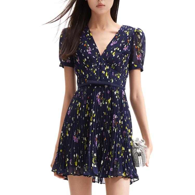(Women) Self-Portrait Floral V-Neck Short Sleeve Mini Dress  Blue Flowers SWF352Y14300