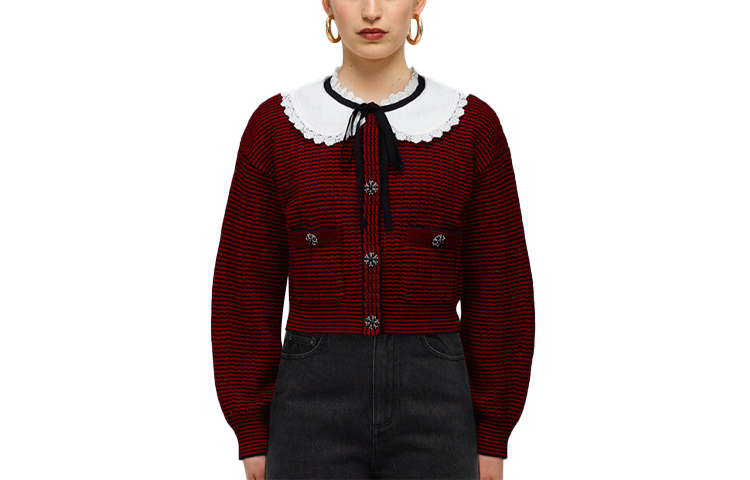 (Women) Self-Portrait French Retro Striped Knit Top with Doll Collar & Tie - Red Brown . SWF331M03700