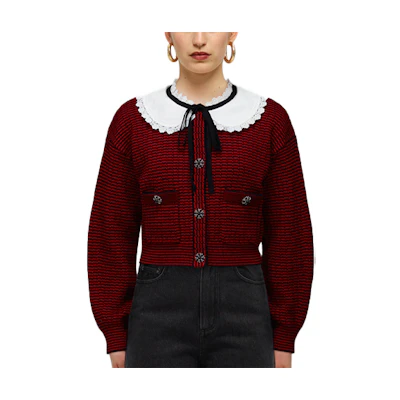 (Women) Self-Portrait French Retro Striped Knit Top with Doll Collar & Tie - Red Brown . SWF331M03700