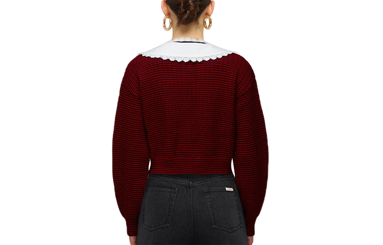 Lookbook (W) Self-Portrait法式复古条纹针织上衣带娃娃领和领带-红棕色 SWF331M03700
