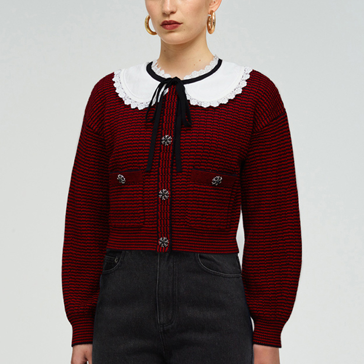 Shop (W) Self-Portrait法式复古条纹针织上衣带娃娃领和领带-红棕色 SWF331M03700