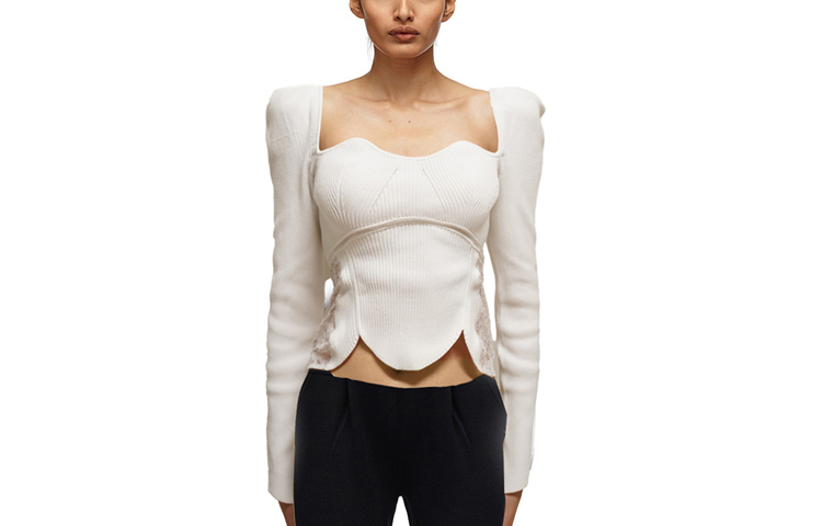 Order (W) Self-Portrait French Square Neck Sweater Putih Rekaan Asimetrik. SWF322M08300