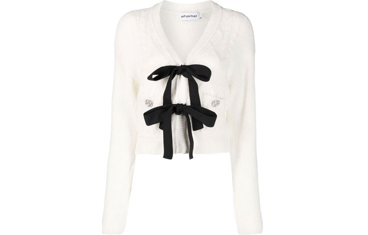 (Women) Self-Portrait FW21  White Knit Cardigan with Bow, Rhinestone Buttons. SWF325M08200004
