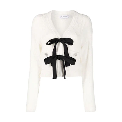 (Women) Self-Portrait FW21 White Knit Cardigan with Bow, Rhinestone Buttons. SWF325M08200004