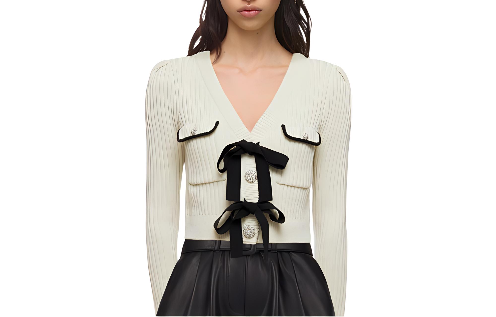 (Women) Self-Portrait FW21 Bow V-Neck Cardigan Knit Top  White SWF323M01800