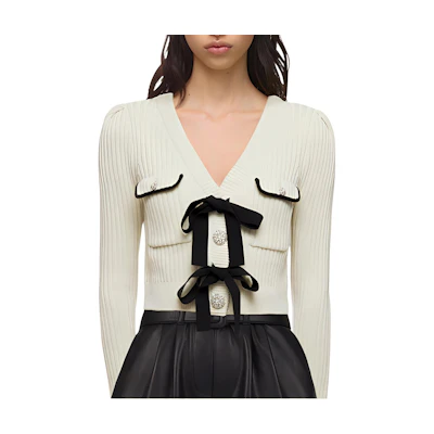 (Women) Self-Portrait FW21 Bow V-Neck Cardigan Knit Top White SWF323M01800