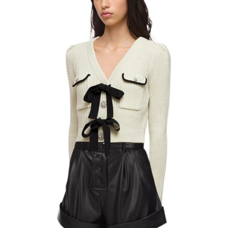 Lookbook (W) Self-Portrait 秋冬款蝴蝶結V領針織開衫上衣 白色 SWF323M01800