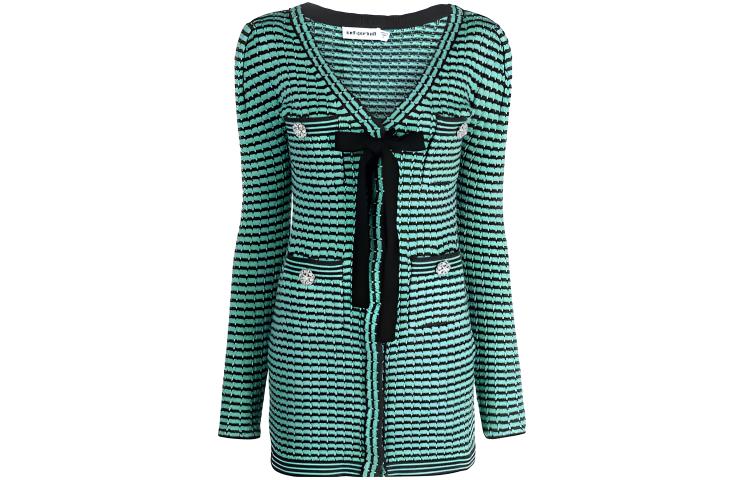 (Women) Self-Portrait FW21 Green Striped V-Neck Knit Bow Elegant Long Sleeve Dress. SWF325M01500