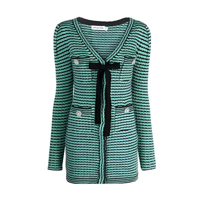 (Women) Self-Portrait FW21 Green Striped V-Neck Knit Bow Elegant Long Sleeve Dress. SWF325M01500