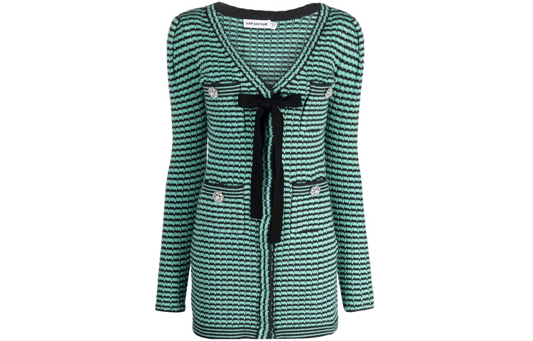 (Women) Self-Portrait FW21 Green Striped V-Neck Knit Bow Elegant Long Sleeve Dress. SWF325M01500 圖 2