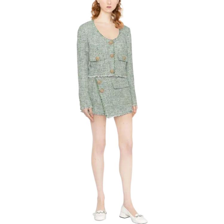 (Women) Self-Portrait FW22  Green Tweed Button-Up Frayed Casual Jacket. PF22082GREEN