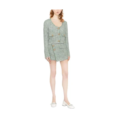 (Women) Self-Portrait FW22 Green Tweed Button-Up Frayed Casual Jacket. PF22082GREEN