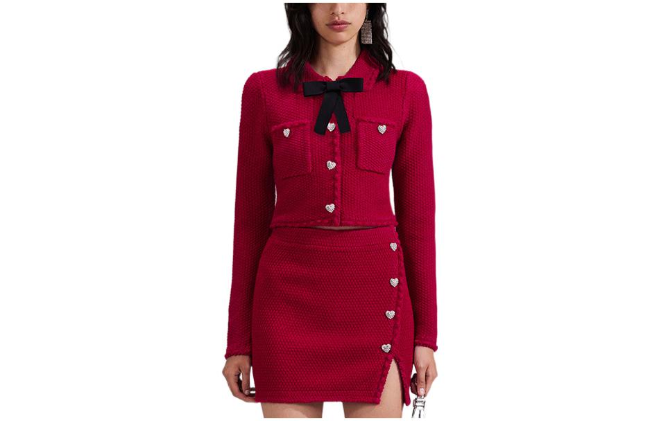 (Women) Self-Portrait FW22  Red Bow Button Knit Cardigan Sweater. SWF341M00500