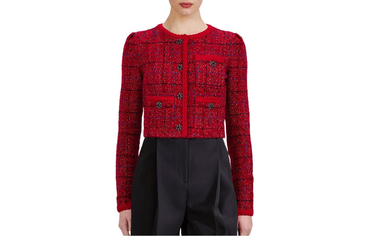 (Women) Self-Portrait FW22  Red Tweed Plaid Wool Cardigan Knit Jacket Sweater SWF334M08300
