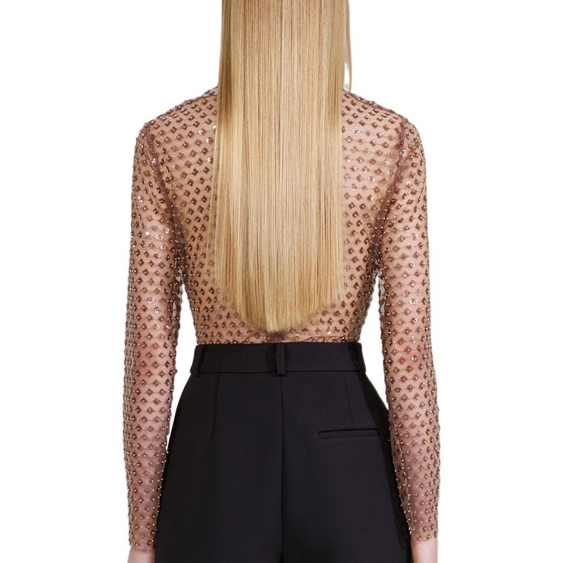 Shop (W) Self-Portrait FW22 Baju Lengan Panjang Sheer Sequin Gunmetal. SWF334C03400