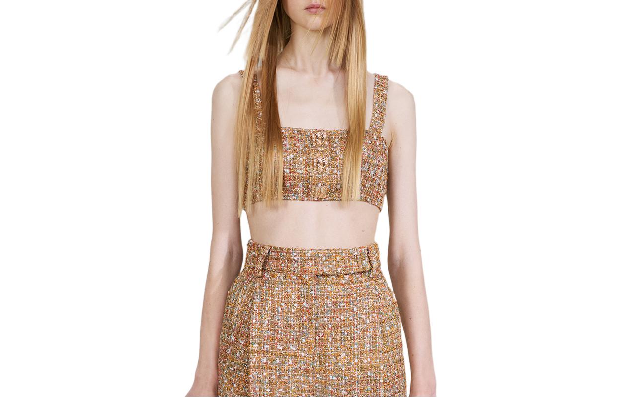 (Women) Self-Portrait FW22  Tweed Square Neck Crop Top in Camel Gold. SWF334C03500