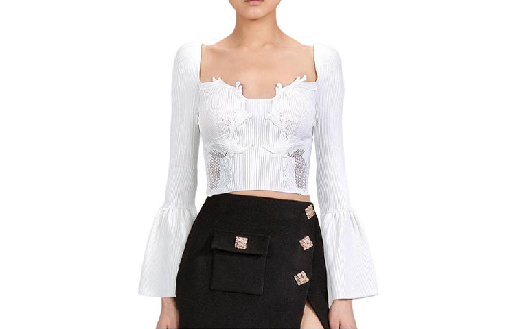 (Women) Self-Portrait FW22  White Lace Knit Top with Flared Sleeves SWF334M06300