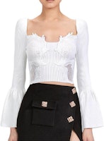 (Women) Self-Portrait FW22 White Lace Knit Top with Flared Sleeves SWF334M06300 (Women) Self-Portrait FW22 White Lace Knit Top with Flared Sleeves SWF334M06300