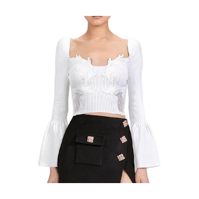 (Women) Self-Portrait FW22 White Lace Knit Top with Flared Sleeves SWF334M06300