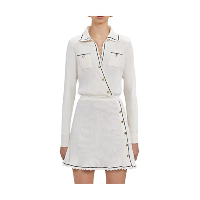 (Women) Self-Portrait FW22 Asymmetric Ribbed Knit Long Sleeve Dress Women Beige. PF22-079