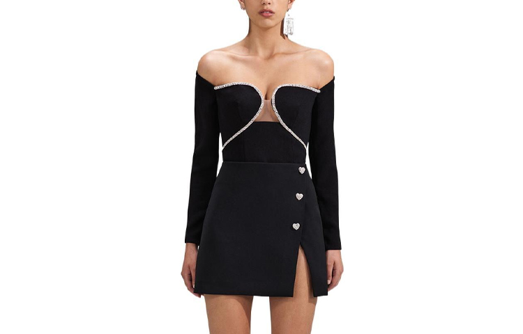 (Women) Self-Portrait FW22 Black Rhinestone Sweetheart Neck Long Sleeve Jacket Women SWF341C00200