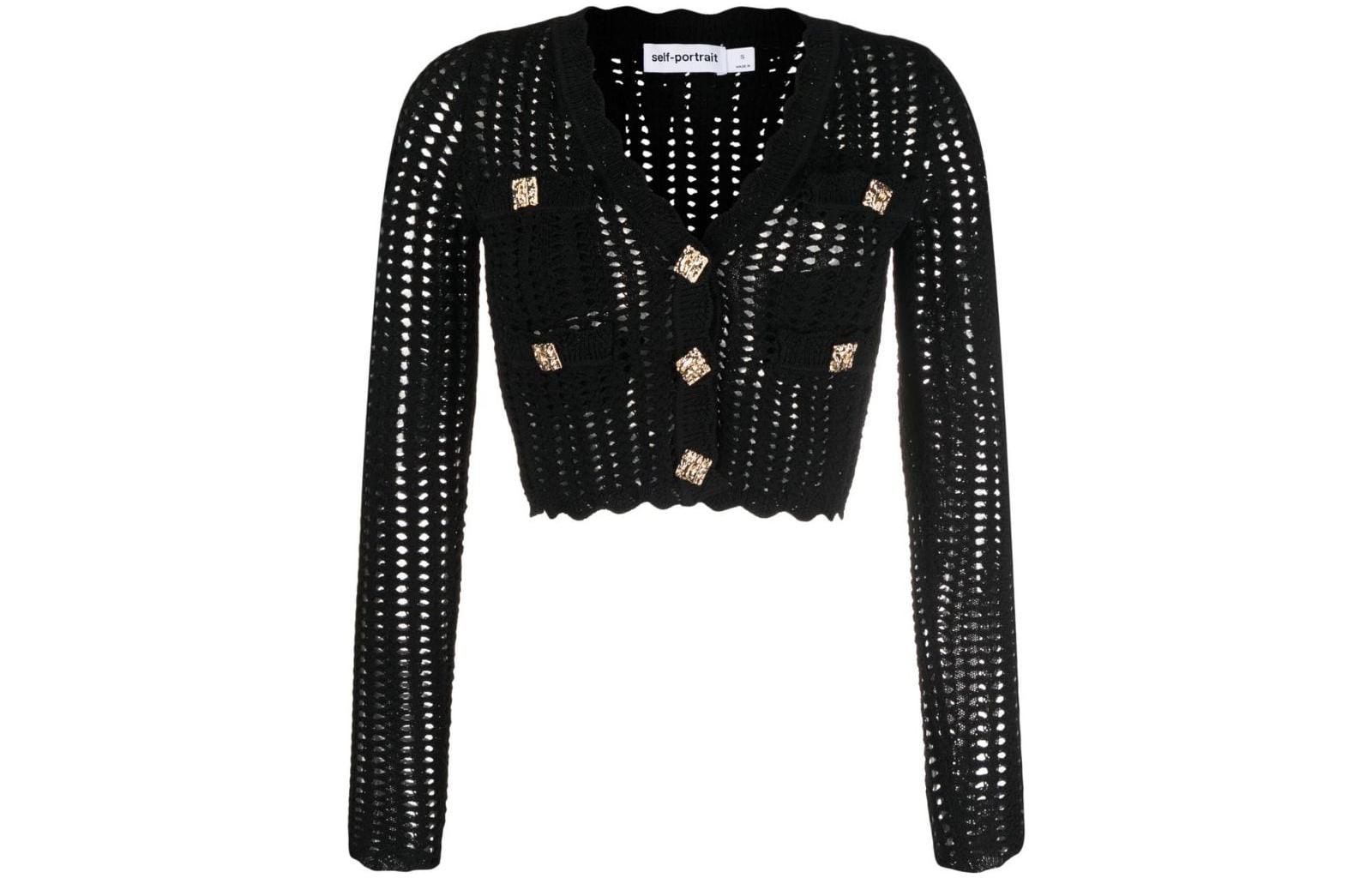 (Women) Self-Portrait FW22 Black V-Neck Cropped Long Sleeve Knit Top for Women AW22071BLACK