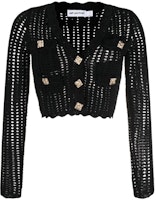 (Women) Self-Portrait FW22 Black V-Neck Cropped Long Sleeve Knit Top for Women AW22071BLACK (Women) Self-Portrait FW22 Black V-Neck Cropped Long Sleeve Knit Top for Women AW22071BLACK