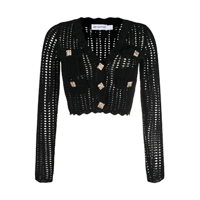 (Women) Self-Portrait FW22 Black V-Neck Cropped Long Sleeve Knit Top for Women AW22071BLACK