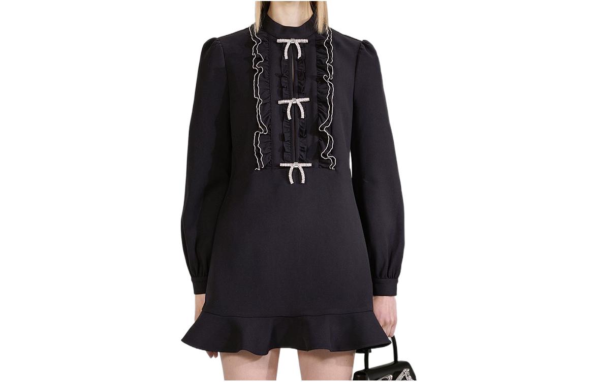 (Women) Self-Portrait FW22 Bow Lace Trim Slim Fit Black Long Sleeve Mini Dress Women. SWF334Y12200