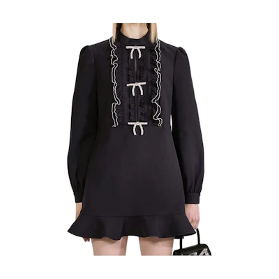 (Women) Self-Portrait FW22 Bow Lace Trim Slim Fit Black Long Sleeve Mini Dress Women. SWF334Y12200