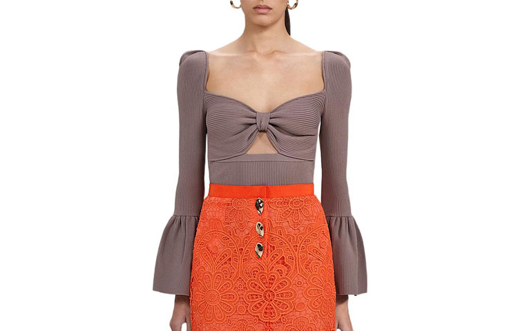 (Women) Self-Portrait FW22 Brown Knit Top with Bow and Cutout Design -  Gift Idea SWF333M01000