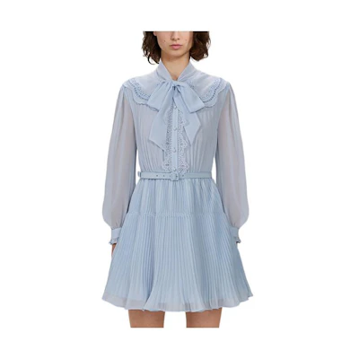 (Women) Self-Portrait FW22 Chiffon Bow Lantern Sleeve Slim-Fit Dress Women - Mist Blue SWF333Y00900