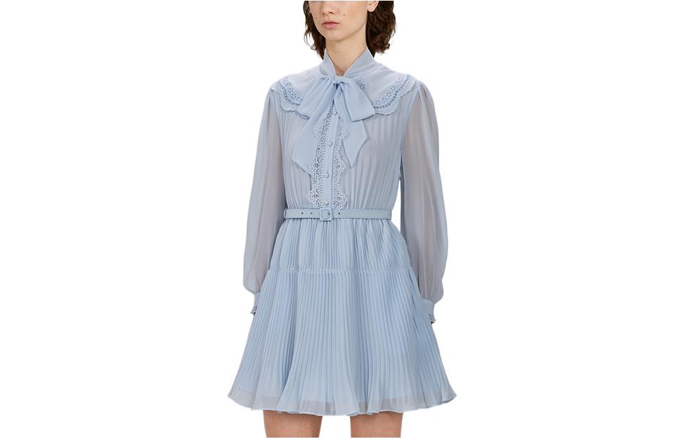 Shop (W) Self-Portrait 2022秋冬蓝色蝴蝶结灯笼袖修身连衣裙 女款 SWF333Y00900