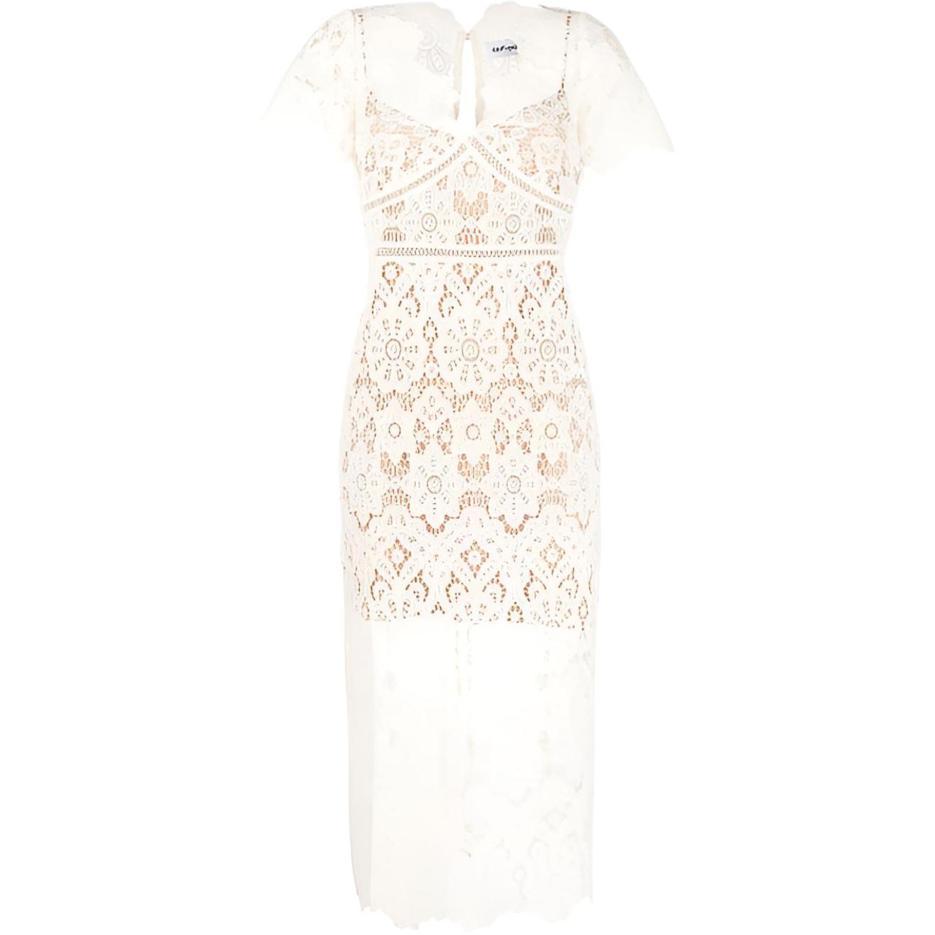 (Women) Self-Portrait FW22 Floral Lace Midi Dress with Cinched Waist -  White PF22036IVORY