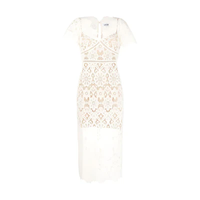 (Women) Self-Portrait FW22 Floral Lace Midi Dress with Cinched Waist - White PF22036IVORY