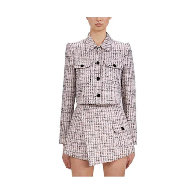 (Women) Self-Portrait FW22 Gray Plaid Tweed Cropped Jacket for Women. SWF333T01000