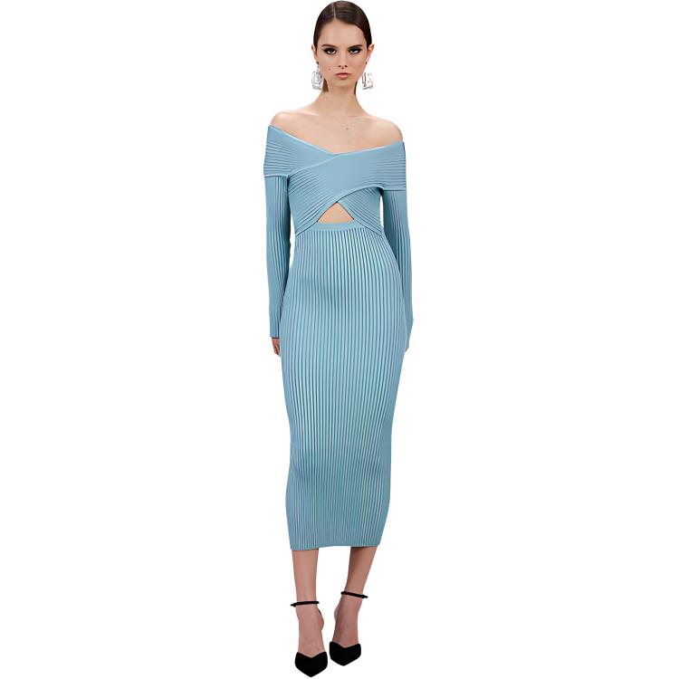 (Women) Self-Portrait FW22 Off-Shoulder Knit Bodycon Long Sleeve Dress for Women SWF333M00500