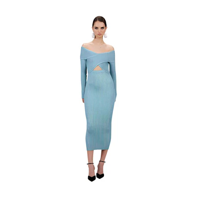 (Women) Self-Portrait FW22 Off-Shoulder Knit Bodycon Long Sleeve Dress for Women SWF333M00500