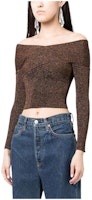 (Women) Self-Portrait FW22 Off-Shoulder Knit Metallic Crop Top Brown Sweater. RS23090TBR (Women) Self-Portrait FW22 Off-Shoulder Knit Metallic Crop Top Brown Sweater. RS23090TBR