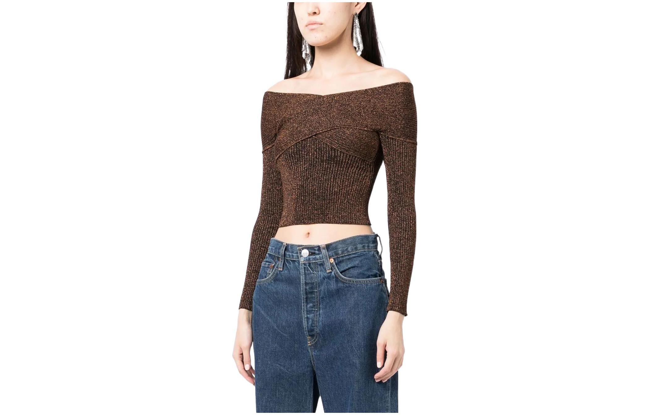 Order (W) Self-Portrait FW22 棕色金屬感露肩針織短版上衣。 RS23090TBR